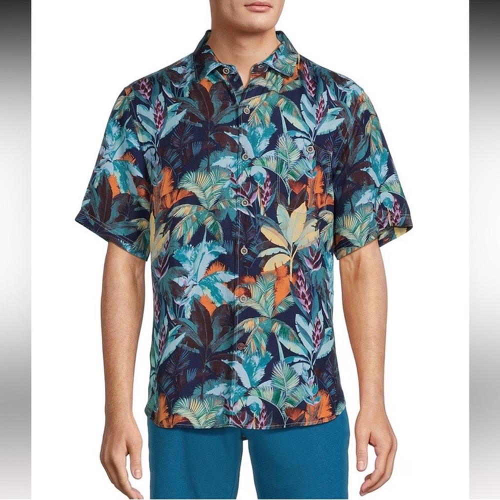 NWT Tommy Bahama Sand/Fuego Palms Linen-Blend Short Sleeve Woven Shirt